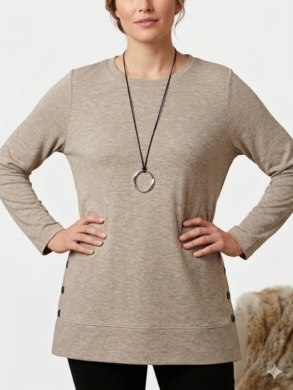 I.N. Studio Cozy Crewneck Tunic Top in Heather Taupe with Necklace
